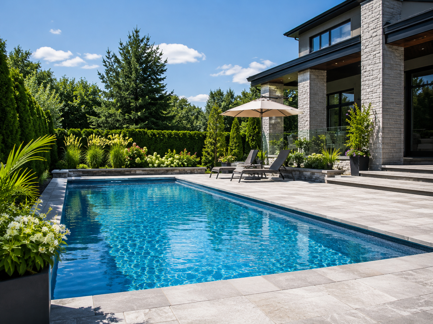 Modern backyard swimming pool representing SB Pools service in Ottawa and Gatineau